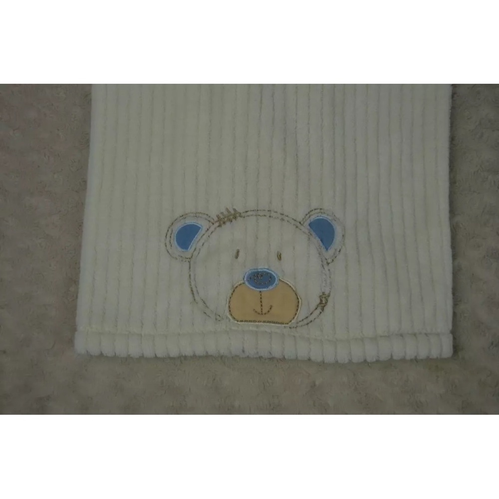 Baby Gear Teddy Bear Face Baby Blanket Cream Off White Blue Tan Ribbed Stripes